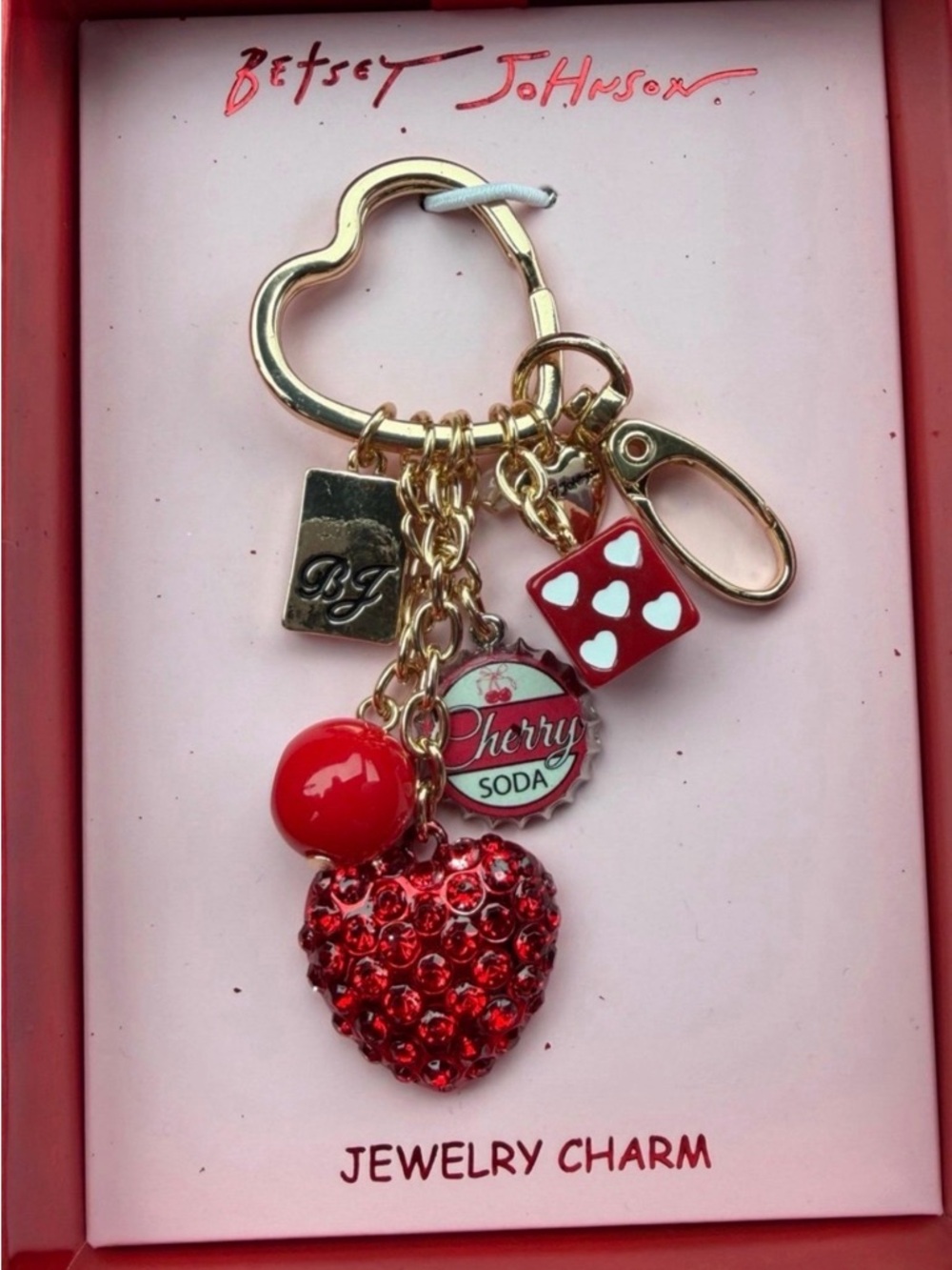 Betsey Johnson Red Crystal Heart & Cherry Soda Charm Keyring - Picture 2 of 4